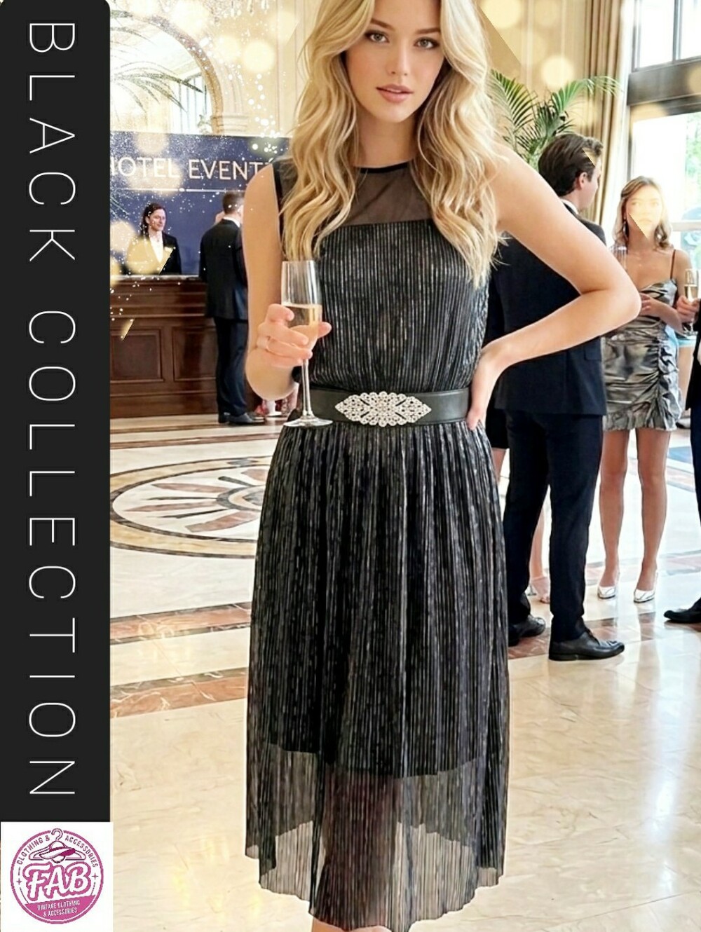 Black Collection🎀Shimmer Metallic Silver-Black Pleated Mesh Dress